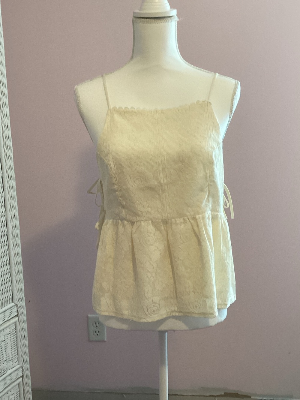 Monteau Cream Lace Peplum Cami Top with Side Ties